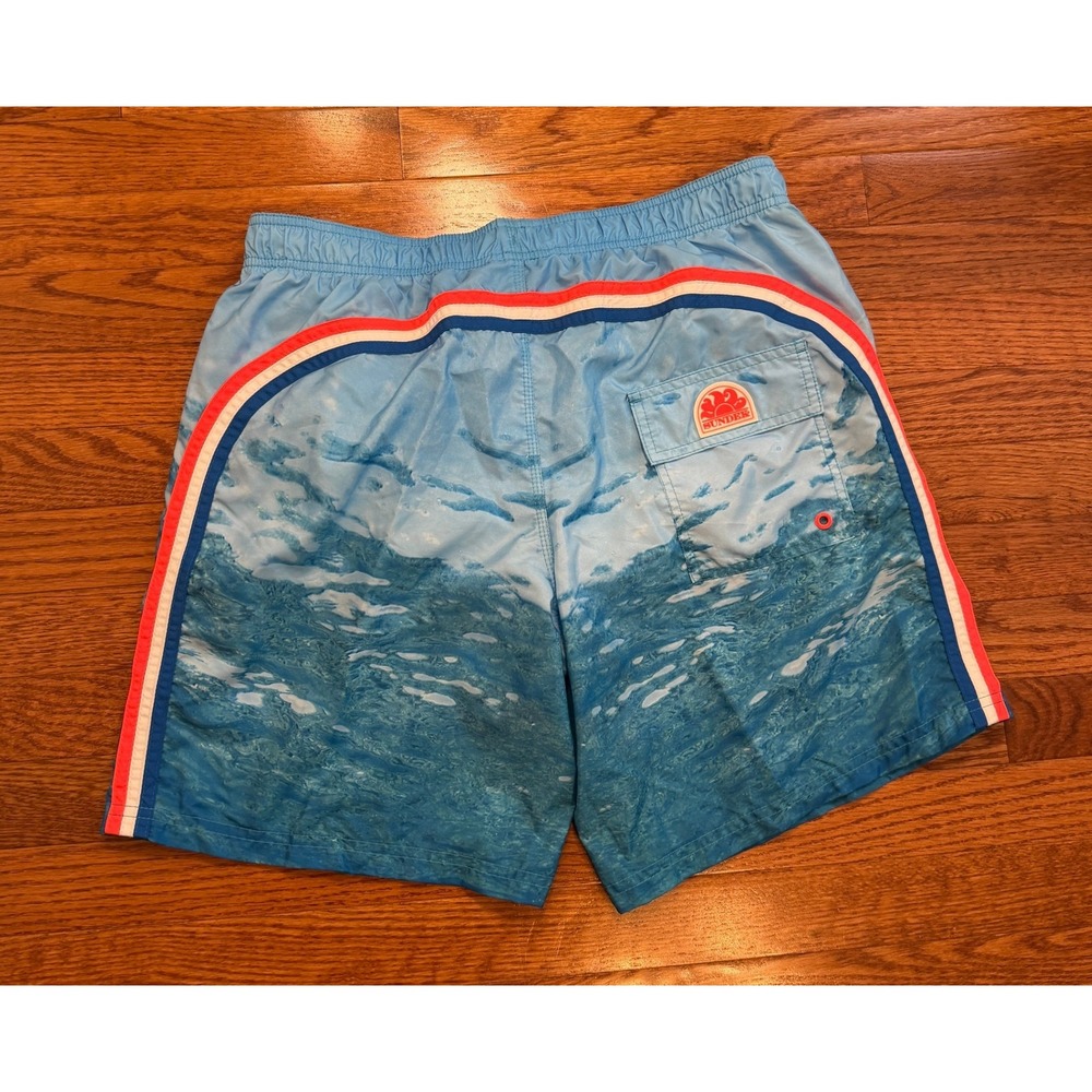 Sundek Swim Trunks Board Shorts Mens XL 8" Blue Wave Print Rainbow Stripe